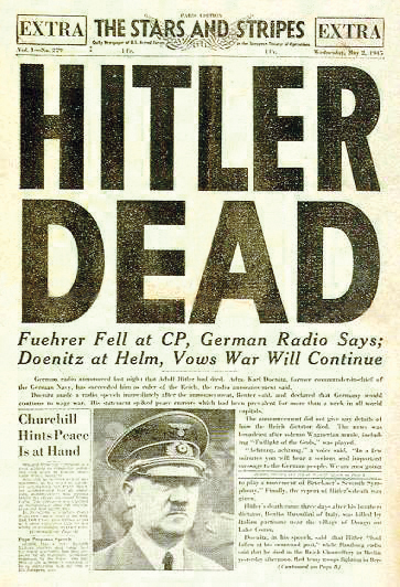ヒトラー〜最後の12日間〜↑1945年5月3日付ヒトラーの自殺を報じるアメリカ軍機関紙・スターズ&ストライプス紙提供。.jpg