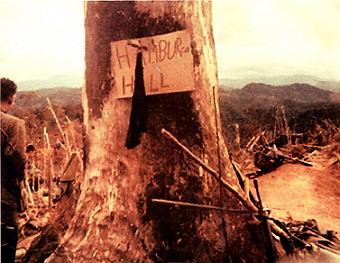 ハンバーガー・ヒル↑937高地の頂上にアーミーナイフで打ち付けられたHAMBURGER HILLの貼り紙。黒い布は第101空挺師団のネッカチーフ。.jpg